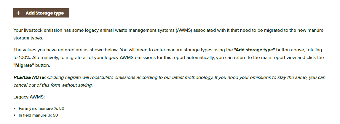 Screenshot of Manure management data entry showing legacy AWMS values